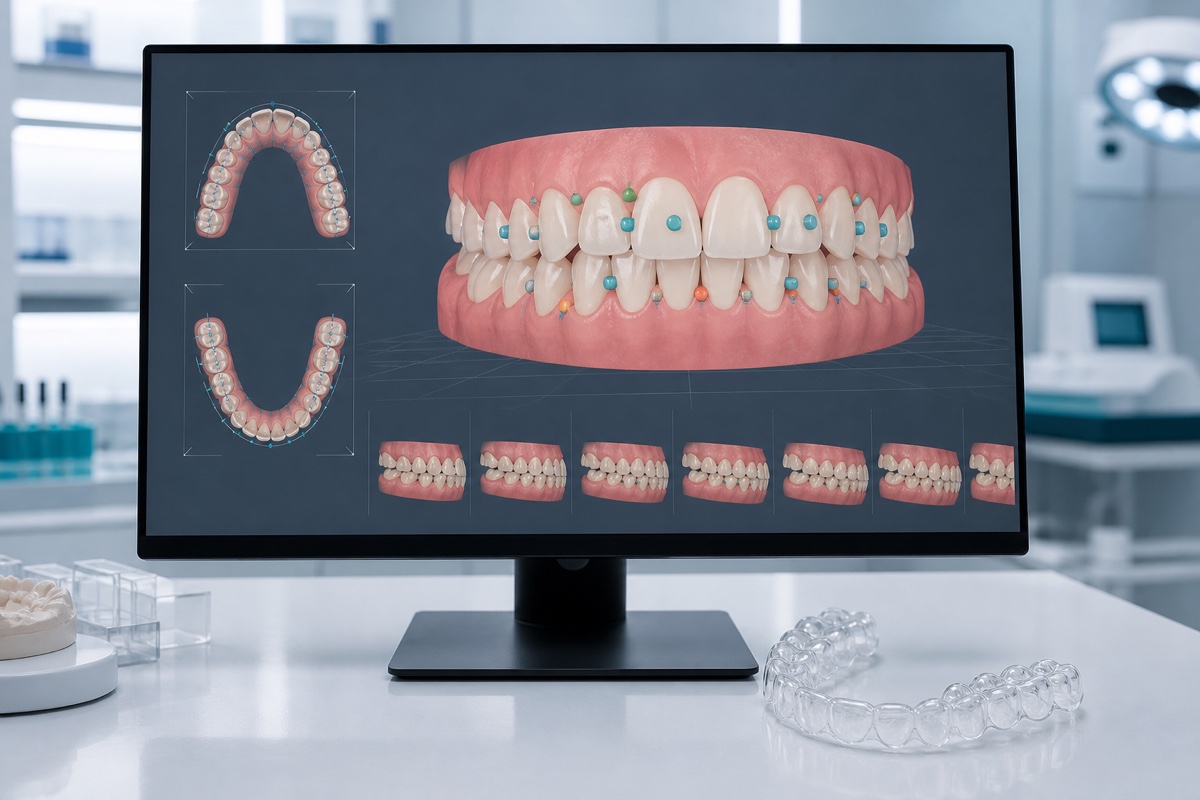 Draft clear-aligner design shown in dental CAD software