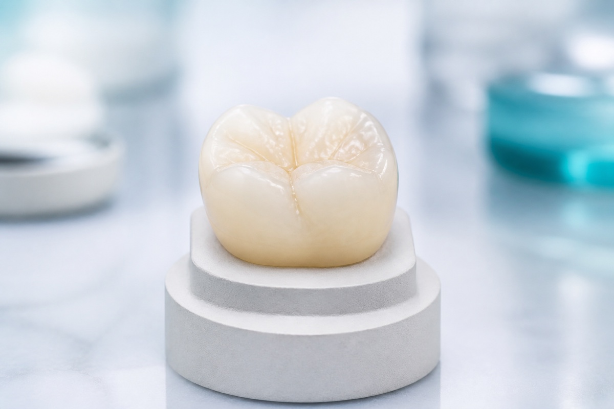 Full-contour zirconia crown on a dental laboratory model