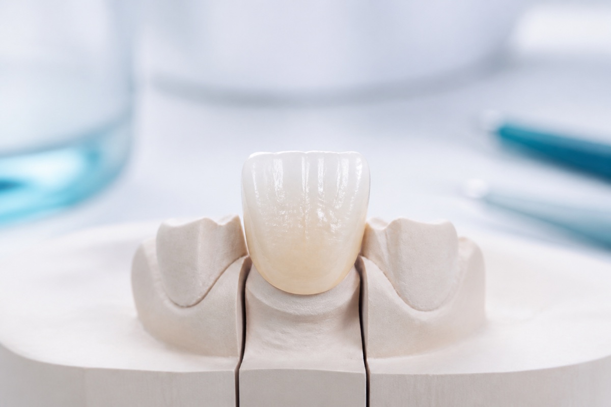 Lithium-disilicate ceramic anterior crown on a laboratory die