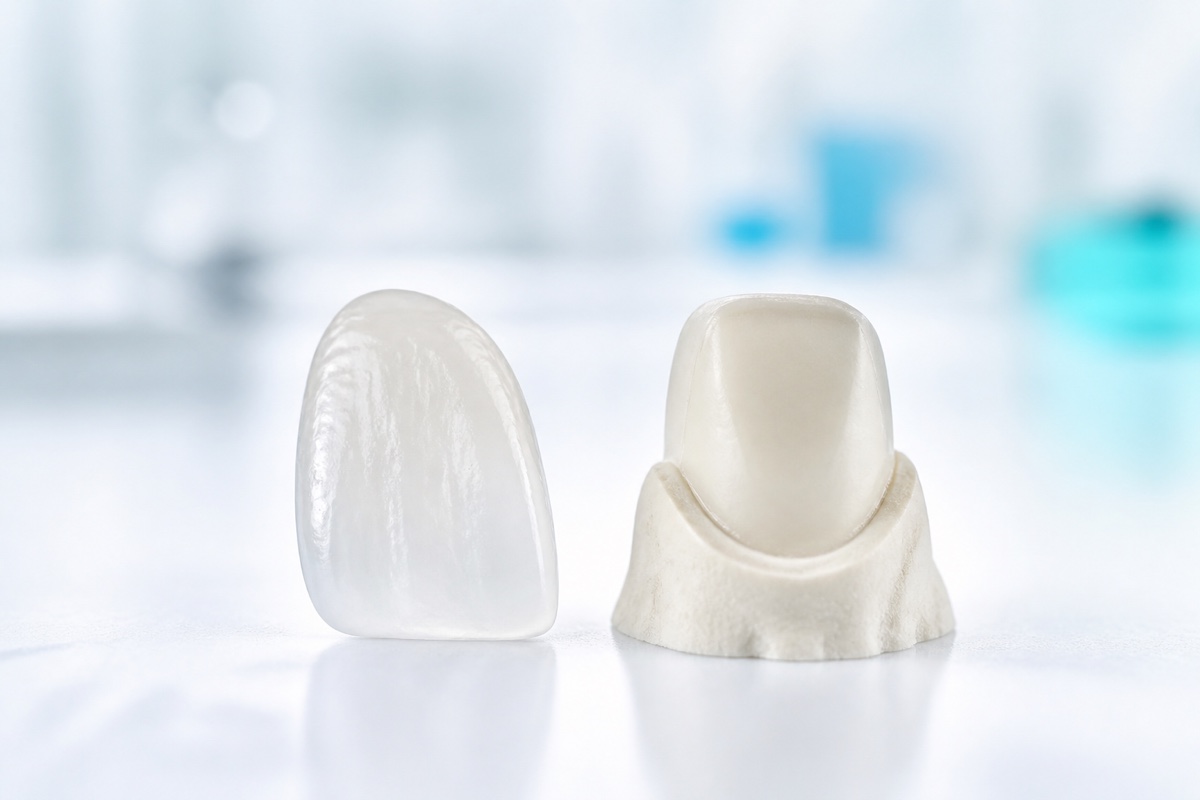 Thin ceramic veneer beside its prepared laboratory die