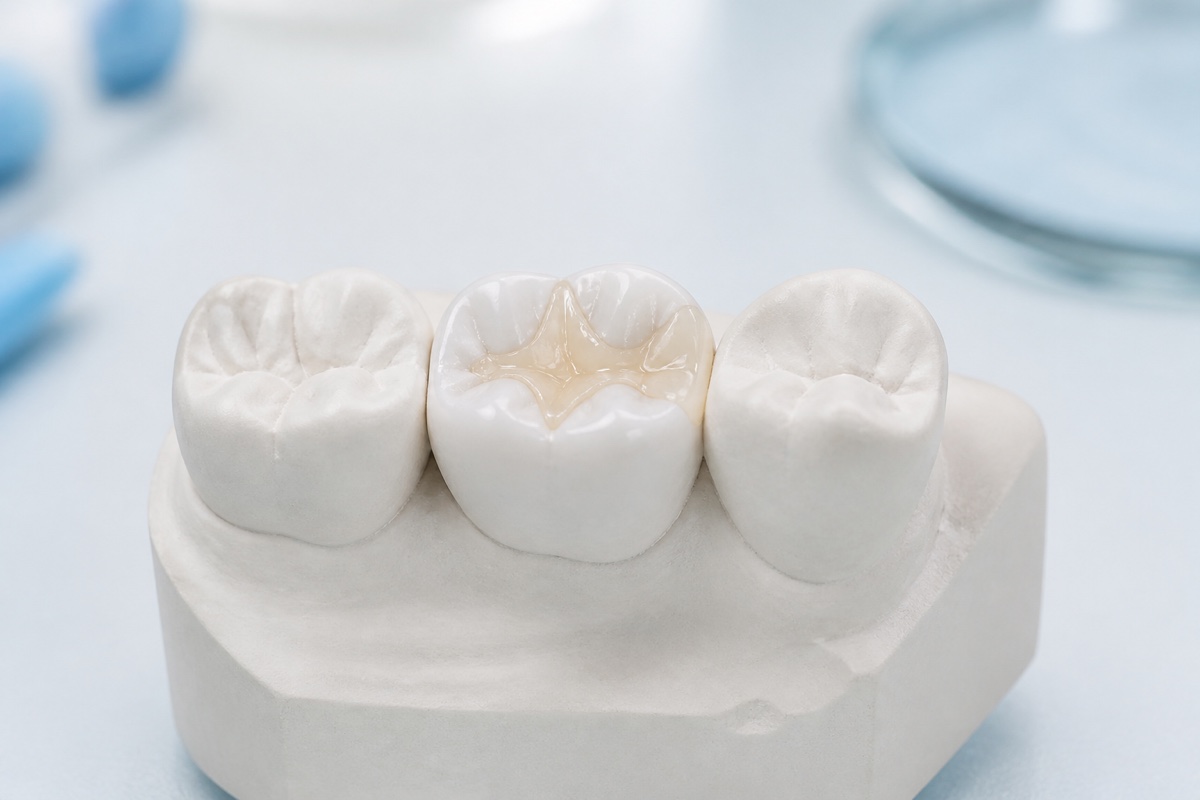 Ceramic inlay or onlay positioned on a prepared molar