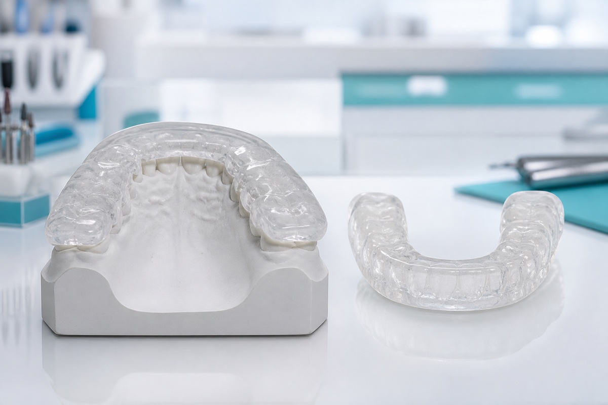 Thick hard transparent night guard on a dental model