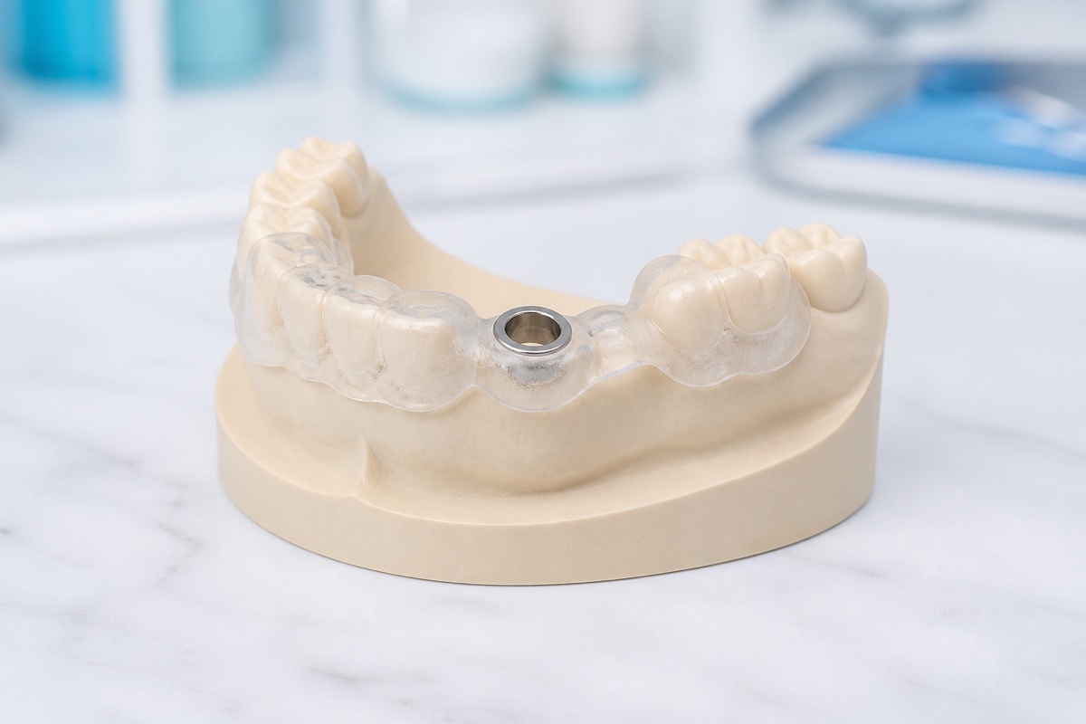 Single-tooth implant surgical guide with one drill sleeve