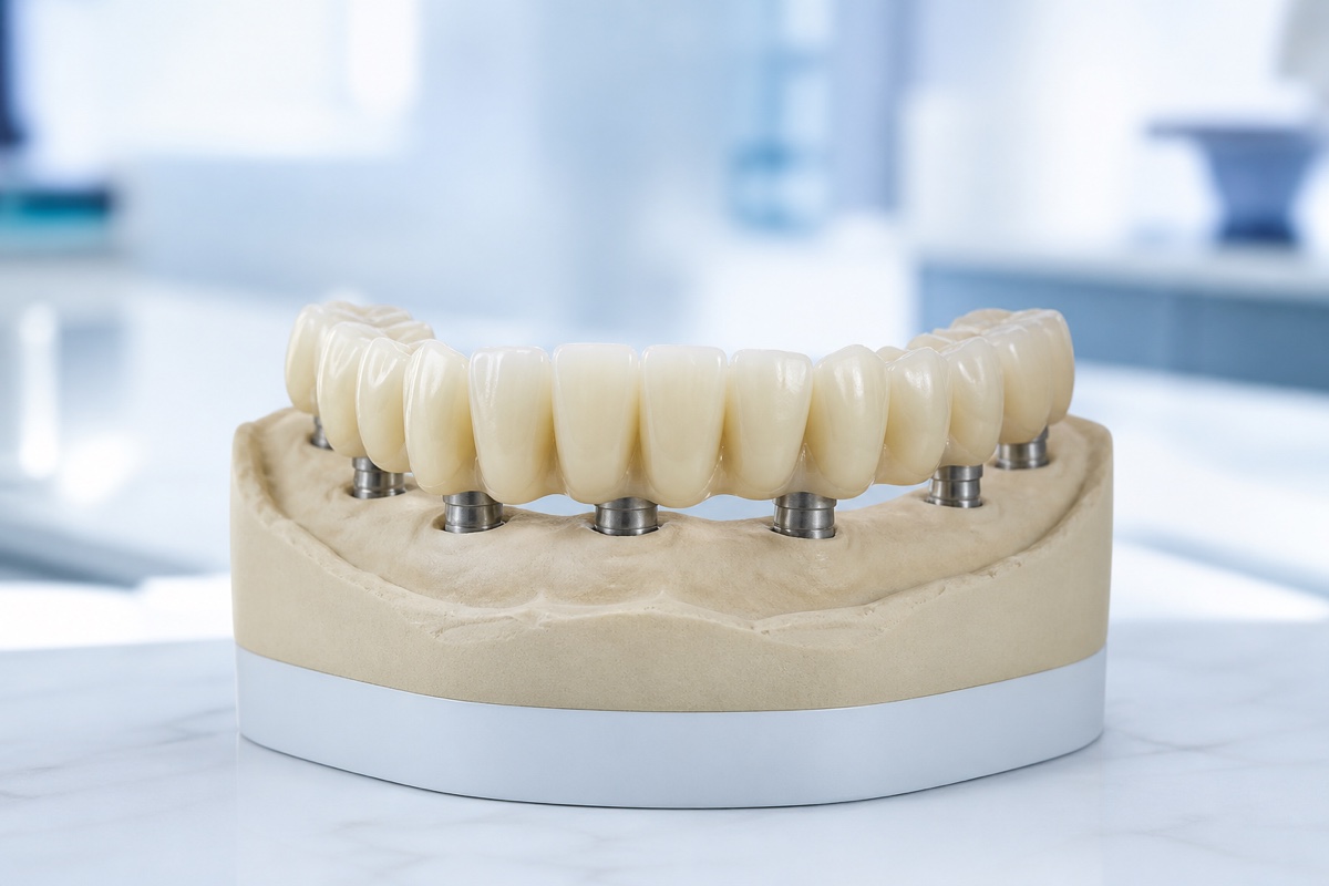 Full-arch fixed implant bridge on multiple implant supports