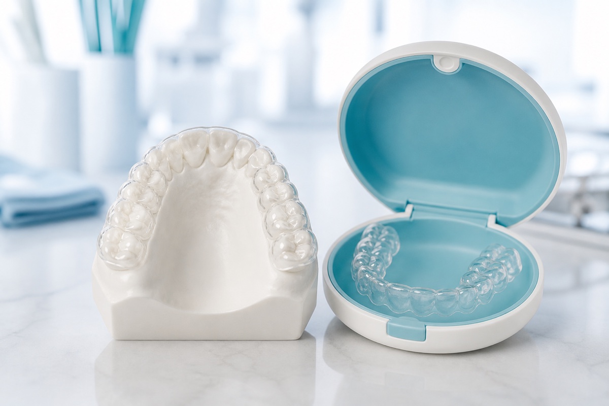 Clear orthodontic retainer on a dental model with its storage case