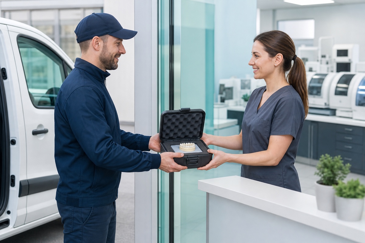 Local courier handoff of a protected dental laboratory case