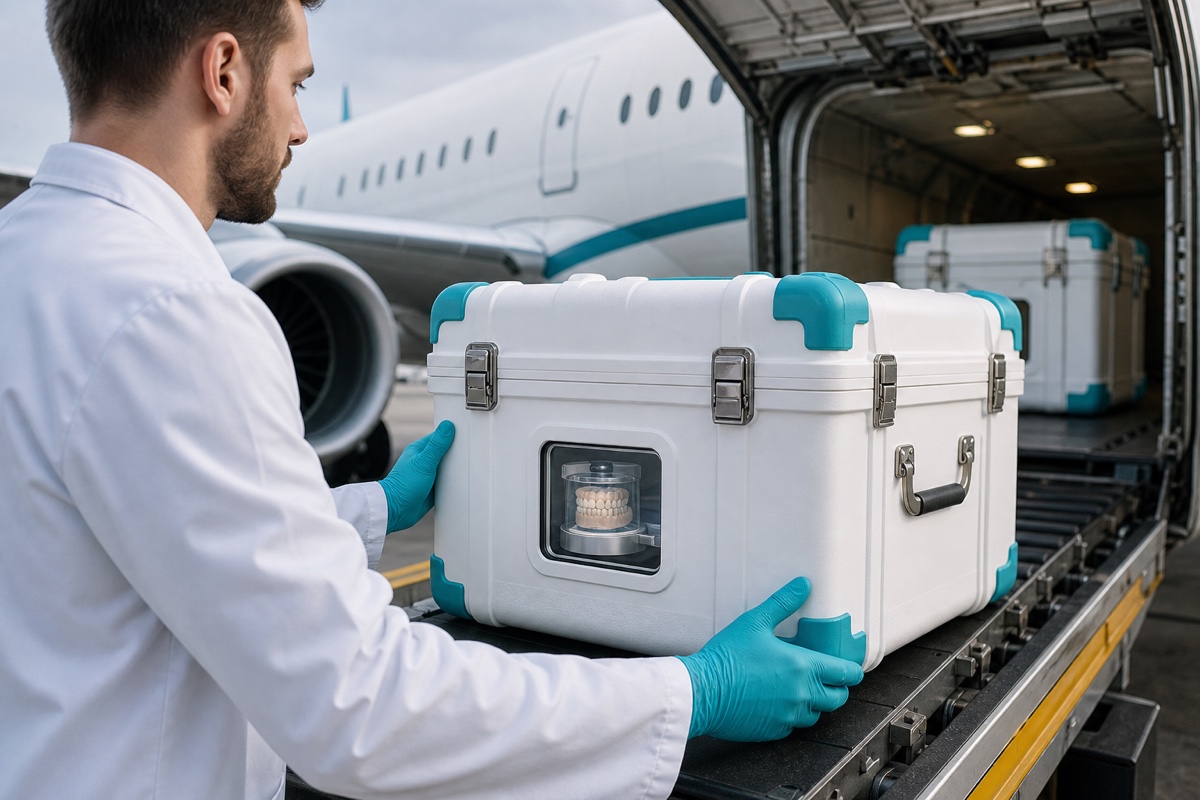 Protected dental laboratory case prepared for international air cargo